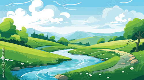 Tranquil river winding through lush green valley 2d