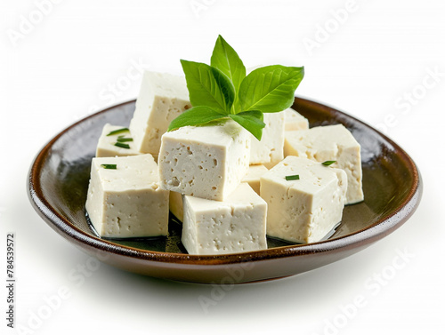 A plate with a stack of white cubes of tofu. Isolated on white background. 