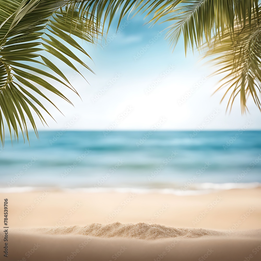 Sand beach with palm tree leaves with blurred sea background
