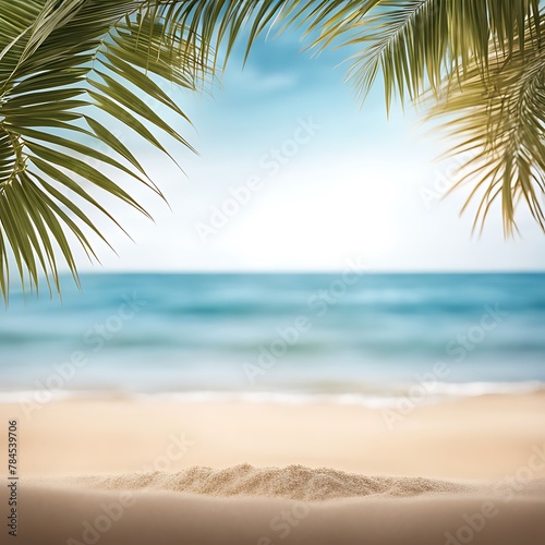Sand beach with palm tree leaves with blurred sea background 