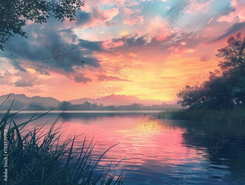 Pink Serene Sunrise PaintingSky in Hues of Dawn - Tranquil Morning Artistic Landscape Sunrise Image