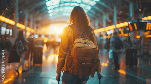 woman traveler with backpack walking in airport terminal