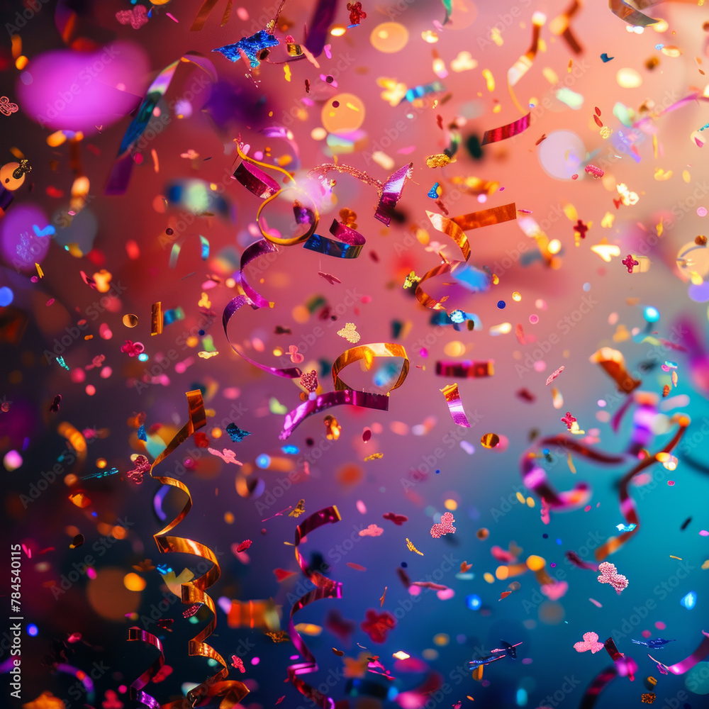 A colorful explosion of confetti is falling from the sky