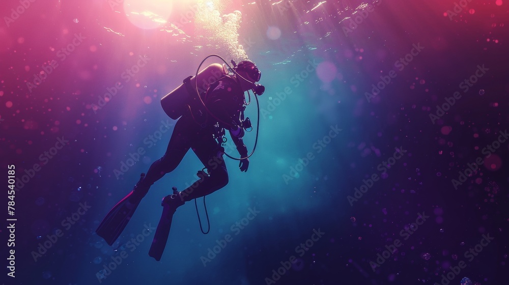 Back view of scuba diver underwater. Diver looks at big diving club logo underwater. Diver dives to the bottom of the sea while holding rope. Sunrays underwater. Scuba diving background. - obrazy, fototapety, plakaty 