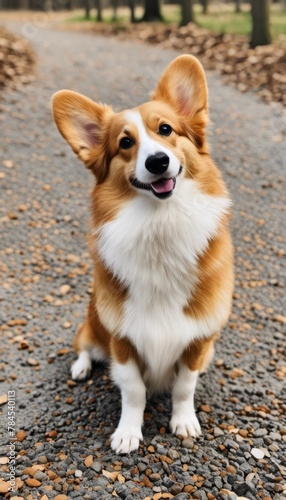 Corgi dog with smile on his face looking up