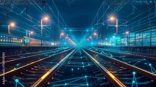 Railway interchange depicted in a low-poly construction shows an empty rail track with interconnected lines and dots on a blue background, emphasizing the technical aspects of rail transportation