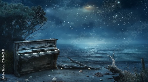 Envision a secluded cove where a weathered piano sits amidst driftwood and seashells