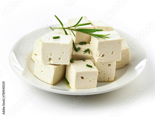 A plate with a stack of white cubes of tofu. Isolated on white background. 