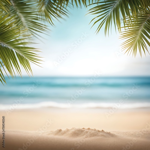 Sand beach with palm tree leaves with blurred sea background  © Land Stock