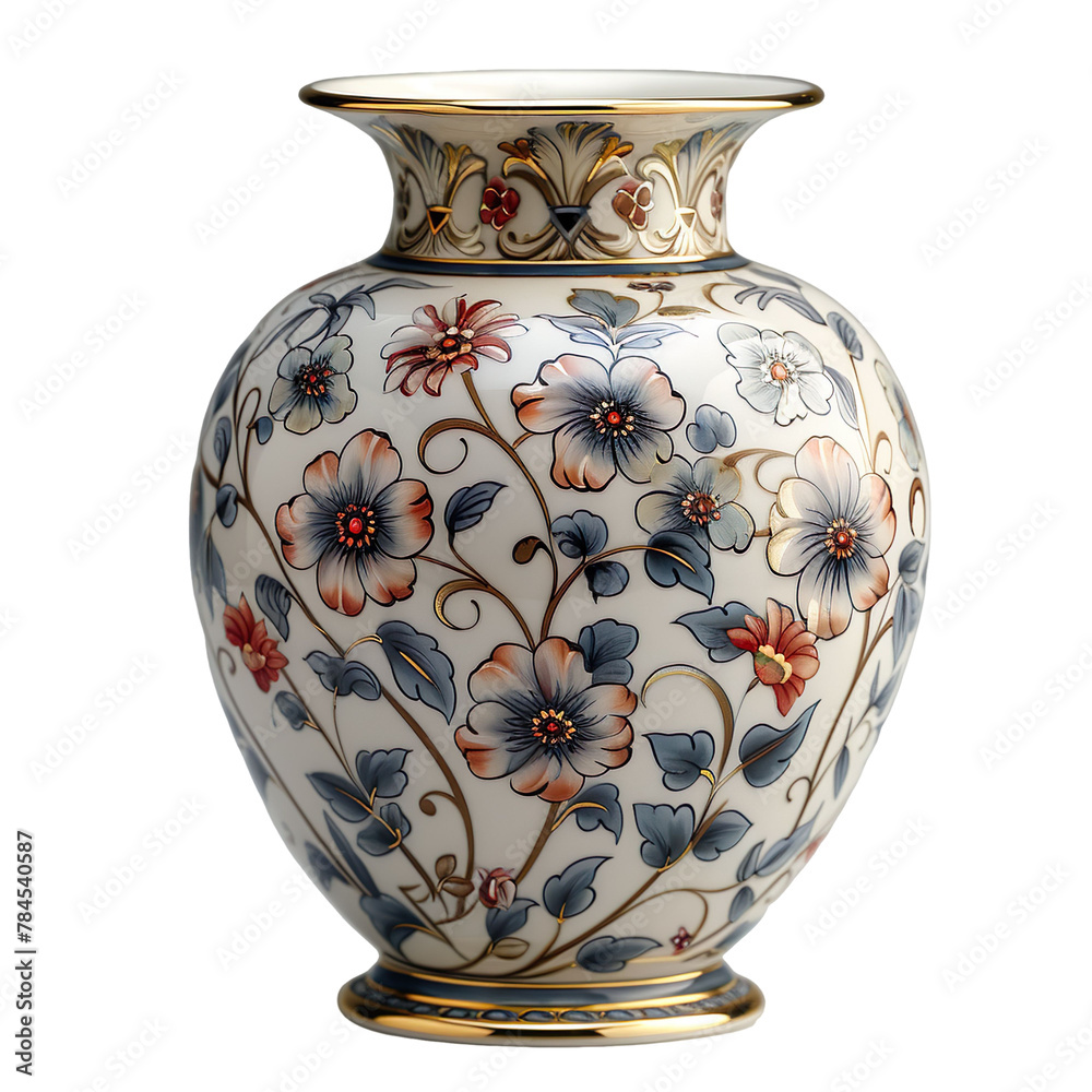 Front view of a Victorian-era ceramic vase with ornate floral designs and gold trim isolated on a white transparent background