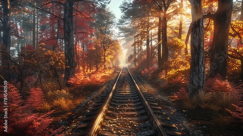The image of a train track traversing a stunning autumn forest creates a sense of adventure and wonder, enhanced by warm sunrays and long shadows cast by tall trees, adding an eerie atmosphere