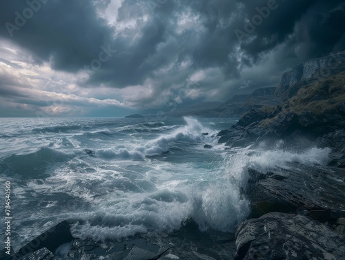 Rugged Coastline SceneryWaves Crashing Against Rocks in Dramatic Scene