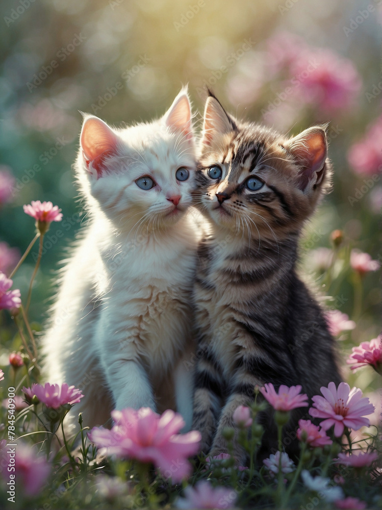 Playful Kittens Frolicking in a Meadow of Colorful Flowers Playful Kittens Frolicking in a Meadow of Colorful Flowers