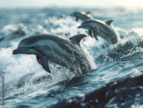 Playful Dolphins Frolicking in the Ocean Waves - Beautiful Underwater Scene photo