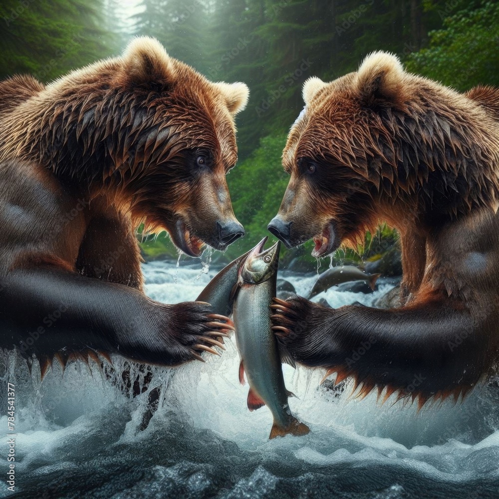 Obraz premium Brown bear fishing for salmon on top of a waterfall