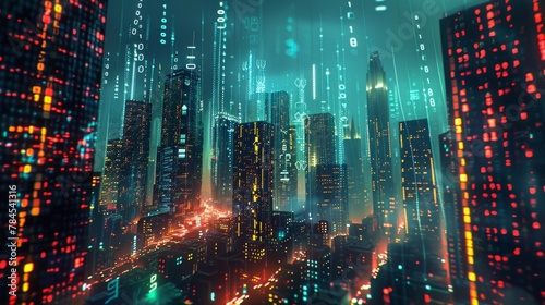 The rendering is constructed using holograms in 3D and simulates a futuristic matrix. The digital skyline is made using Binary Code particles. This is a technology and connection concept. The