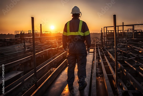 Rear view of a technician on a high steel platform at sunrise 