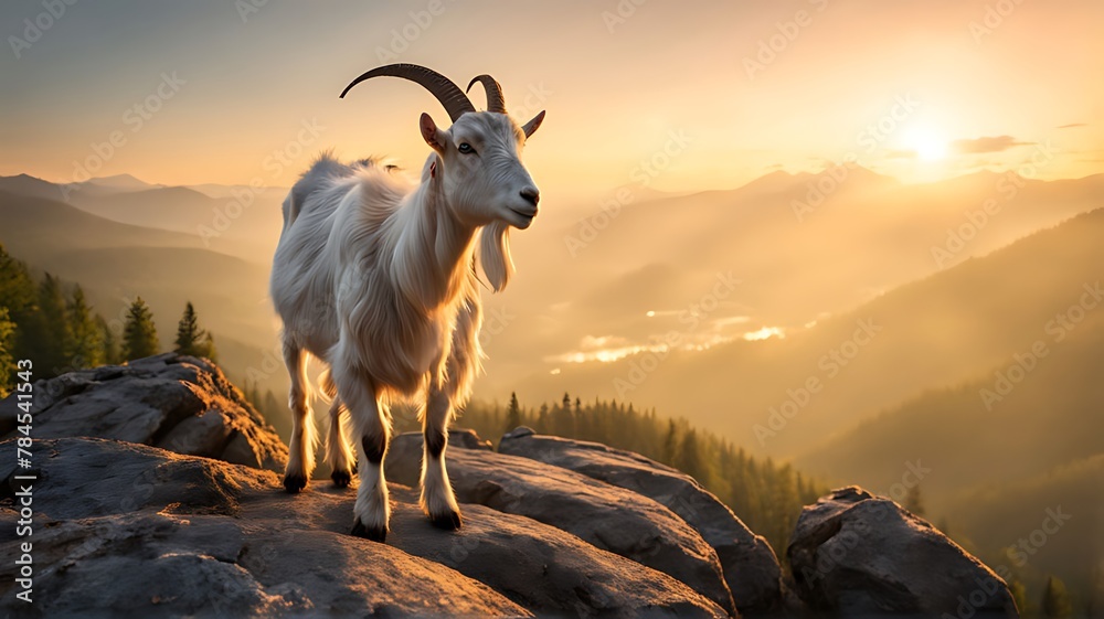 Goat standing on a rock with a mountain forest view at sunrise
Goat standing on a rock with a mountain forest view at sunrise