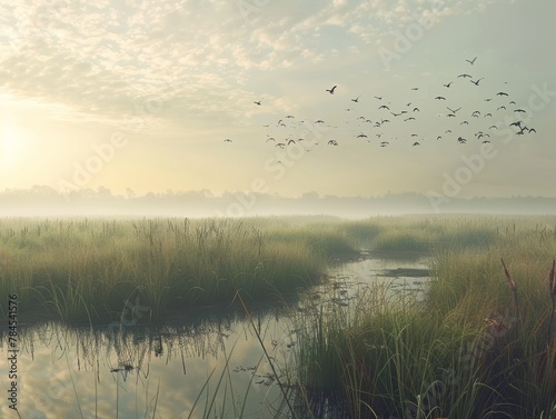 Misty Marshland AliveCalls of Migrating Birds inSerene Landscape
