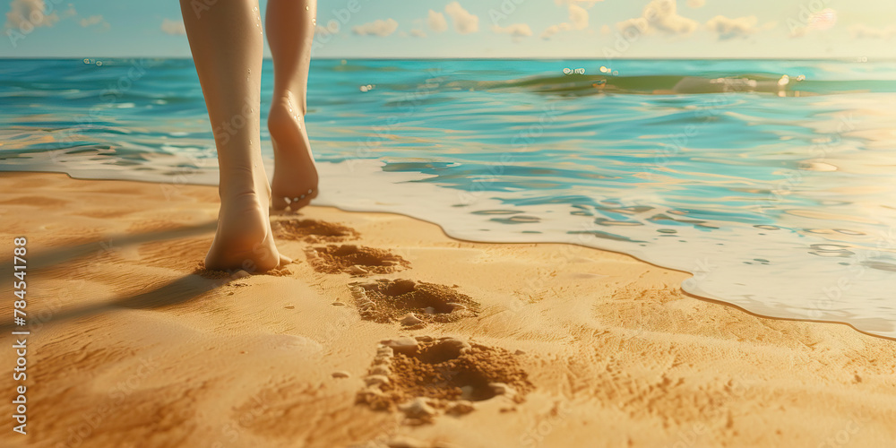 Sandy Serenity: Feet walking along a tranquil beach, leaving footprints in the sand Sandy Serenity: Feet walking along a tranquil beach, leaving footprints in the sand