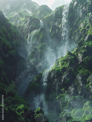 Majestic Waterfall Cascading Down Moss-Covered Cliff in Enchanted Forest