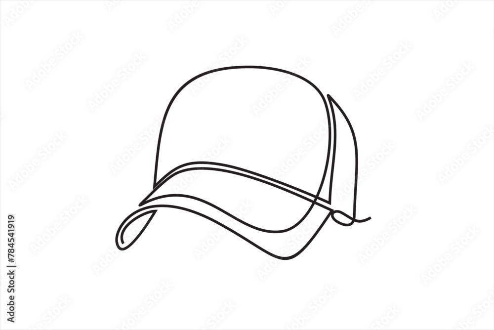 Single continuous line drawing hiking adventure cap hat, trip, travel, camping. Travel accessory, hiking clothes. Doodle element for design, print, card, sticker. One line draw vector illustration