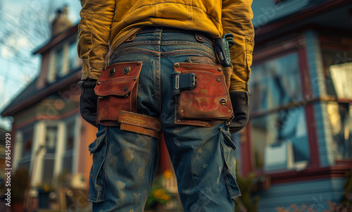 Man stands in jeans and yellow jacket with tool belt and gun in his hand.