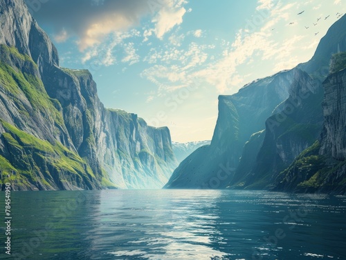 majestic fjord surroundedtowering cliffs overlooking tranquil waters.