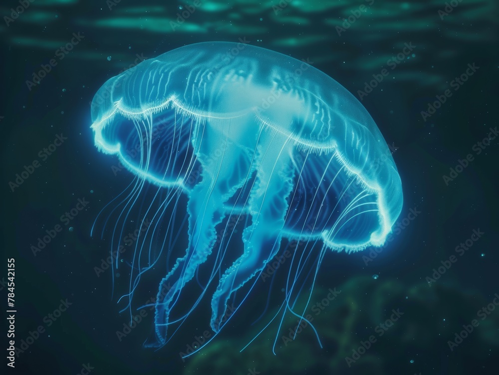 Fototapeta premium Luminous Jellyfish Glowing Gently in Deep Ocean Depths - Enchanting Marine Life Photography.