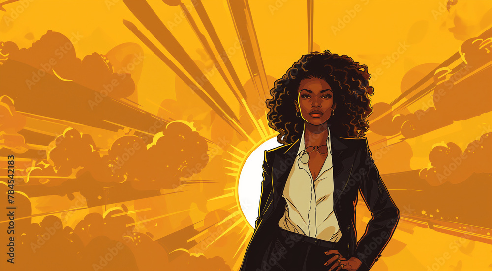 black young woman model pathetically posing in a black business suit with a stylish hairstyle on a yellow background with the sun looking out from behind the woman black young woman model pathetically posing in a black business suit with a stylish hairstyle on a yellow background with the sun looking out from behind the woman