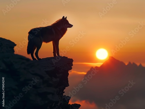 Lone wolf proudly atop rugged cliff overlooking vast wilderness scenery. © Majella