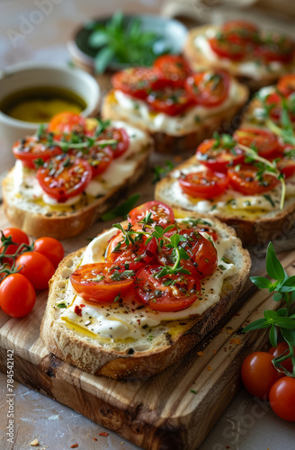 Bruschetta with tomatoes mozzarella cheese and herbs on cutting board