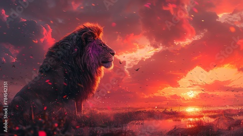 Lion sitting on a rock at sunset with a red sky and clouds in the background photo