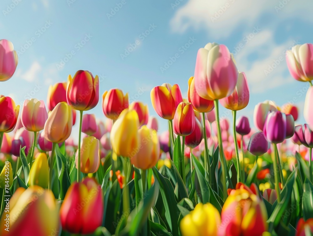 A Vibrant Field of Blooming Tulips Stretching to the Horizon. A Vibrant Field of Blooming Tulips Stretching to the Horizon.