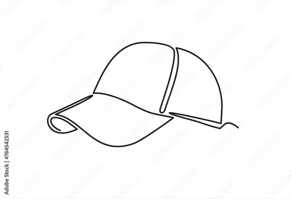 Single continuous line drawing hiking adventure cap hat, trip, travel, camping. Travel accessory, hiking clothes. Doodle element for design, print, card, sticker. One line draw vector illustration Single continuous line drawing hiking adventure cap hat, trip, travel, camping. Travel accessory, hiking clothes. Doodle element for design, print, card, sticker. One line draw vector illustration