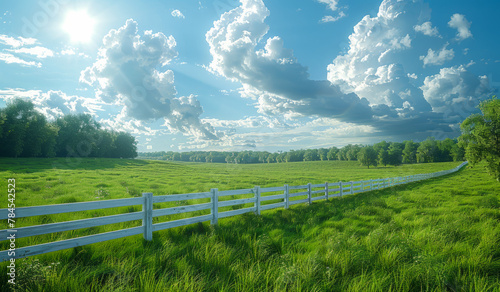 White fence runs through lush green field with trees and blue sky with fluffy white clouds.