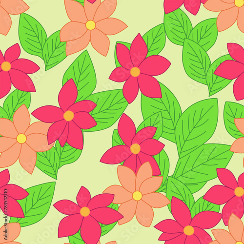 Red and orange flowers with leaves isolated on a light green background. Seamless pattern. Floral background for paper, cover, textile, dishes, interior decor.