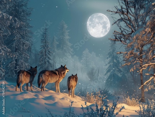A Family of Wolves Howling at the Moon inSnowy Winter Landscape
