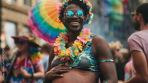 Happy black transgender pregnant man cradling baby bump at gay pride parade summer event celebrating differences. Inclusion equality & diversity at LGBTQ+ march. Rainbow colours