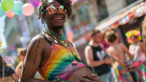 Inclusive image of a black transgender pregnant man cradling baby bump at gay pride parade LGBTQ+ summer event celebrating differences. Inclusion equality & diversity at pride month