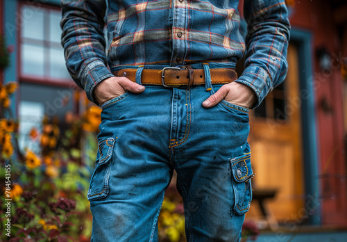 Man in plaid shirt stands in jeans and leather belt on the background of wooden house and flowers