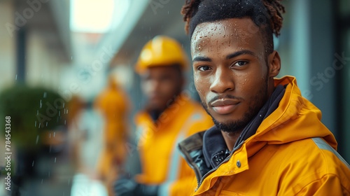 A dark-skinned model in a yellow work uniform looks at the camera