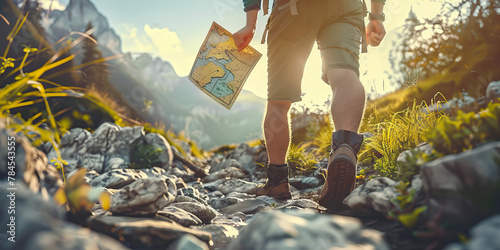 Adventure Seekers: Feet hiking a rocky path, hands holding a map, ready for exploration. photo