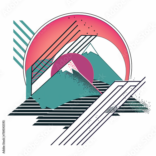 geometric graphics of mountains on the background of the red disk of the sun. Logo for tourism, country camping, recreation