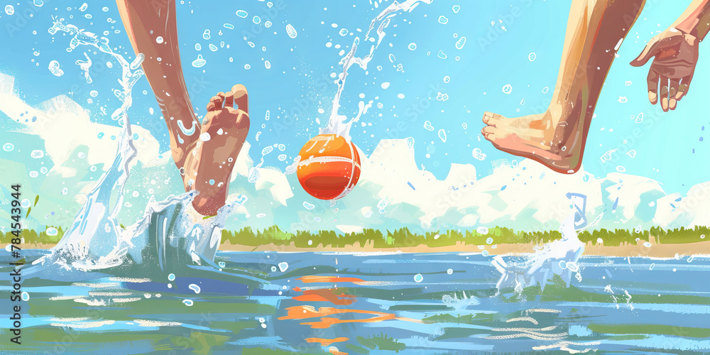 Feet splashing in water, hands tossing a ball, enjoying a playful day outdoors