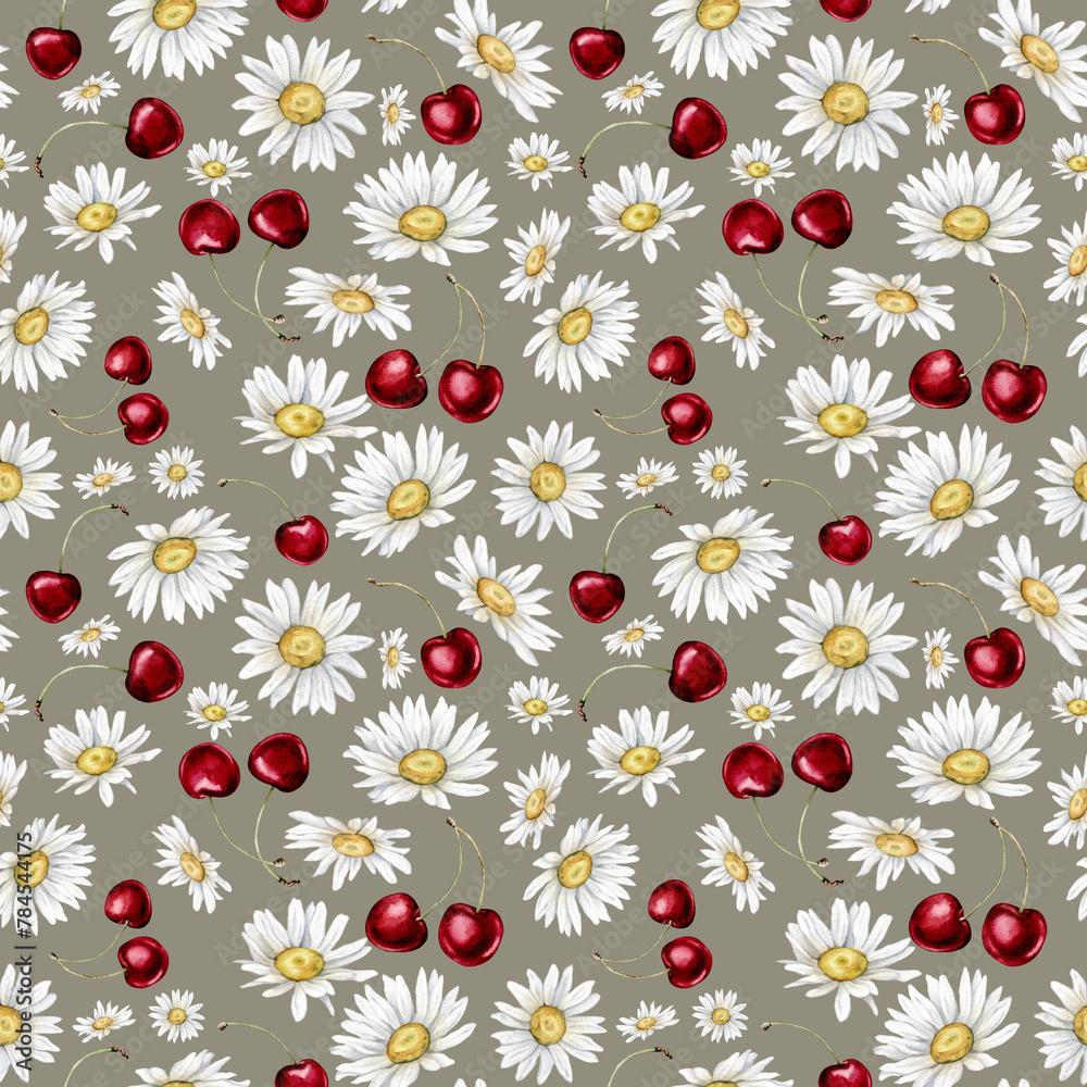 Watercolor illustration of a seamless pattern with cherry and chamomile on a light background. Endless blossom botanical repeating print background. Hand drawn illustration berries and flowers. Watercolor illustration of a seamless pattern with cherry and chamomile on a light background. Endless blossom botanical repeating print background. Hand drawn illustration berries and flowers.