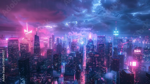 A large view of the futuristic night neon city. Modern cityscape with neon lights. Retrowave and cyberpunk style. 3D illustration.