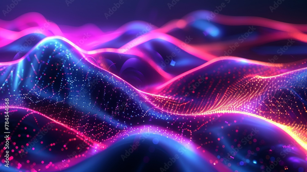 An abstract glow lines background. Wavy neon lines with a futuristic design. Futuristic blue, purple, and red colors. Glonal connections. 3D rendering. Abstract glowing lines background.