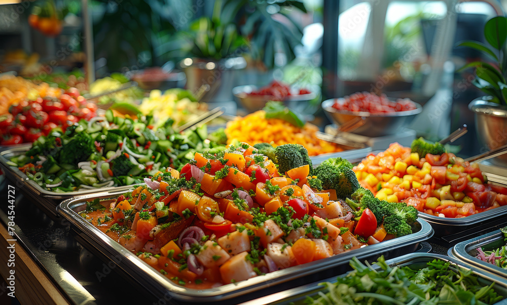 Variety of fresh vegetables are displayed in buffet.