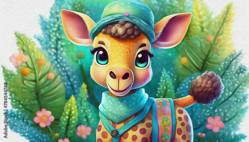 Naklejka premium oil painting style CARTOON CHARACTER CUTE BABY giraffe isolated on white background, top view. side front